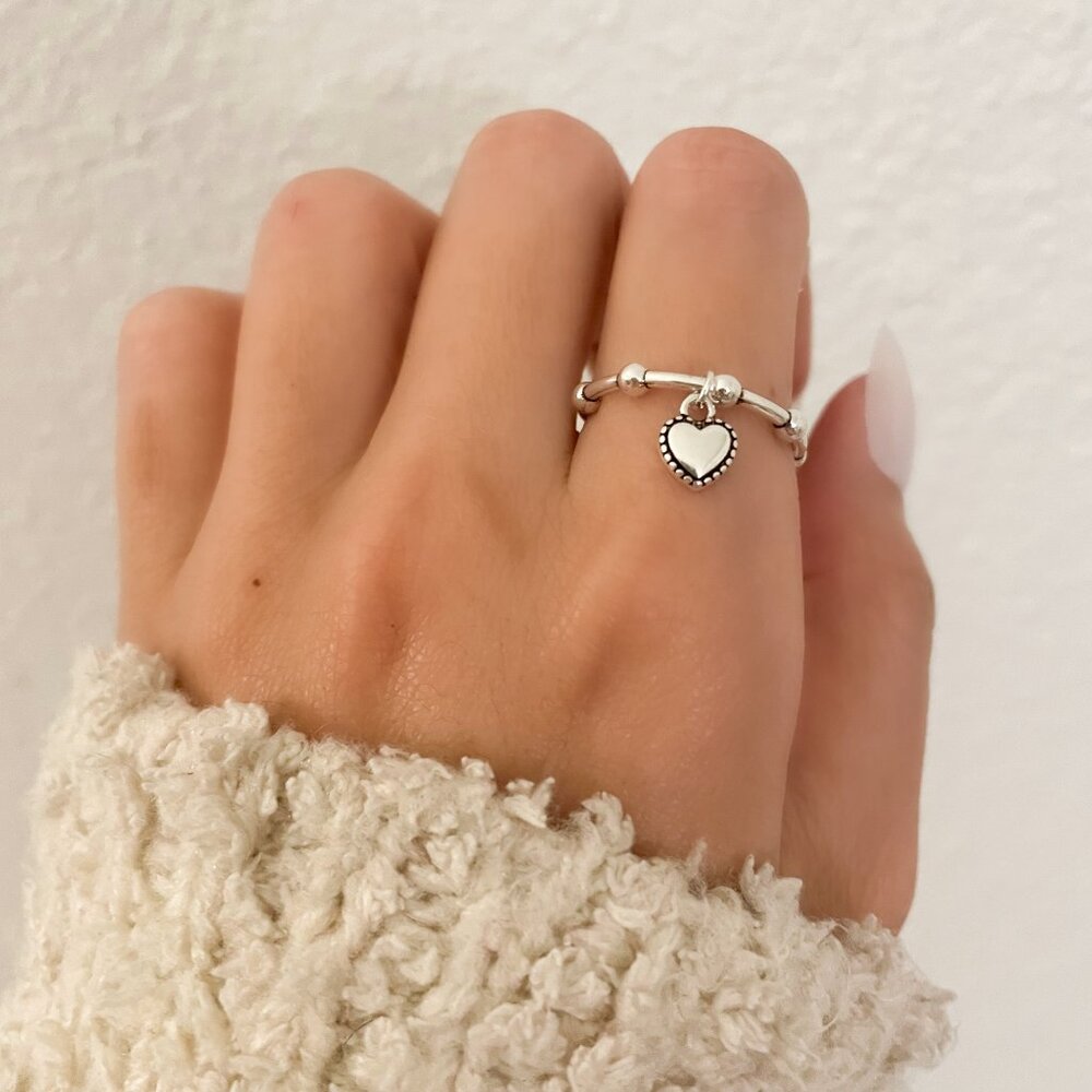 925 Sterling Silver Minimalist Ring Dainty Ring Dangle Heart Ring - Picture 3 of 8